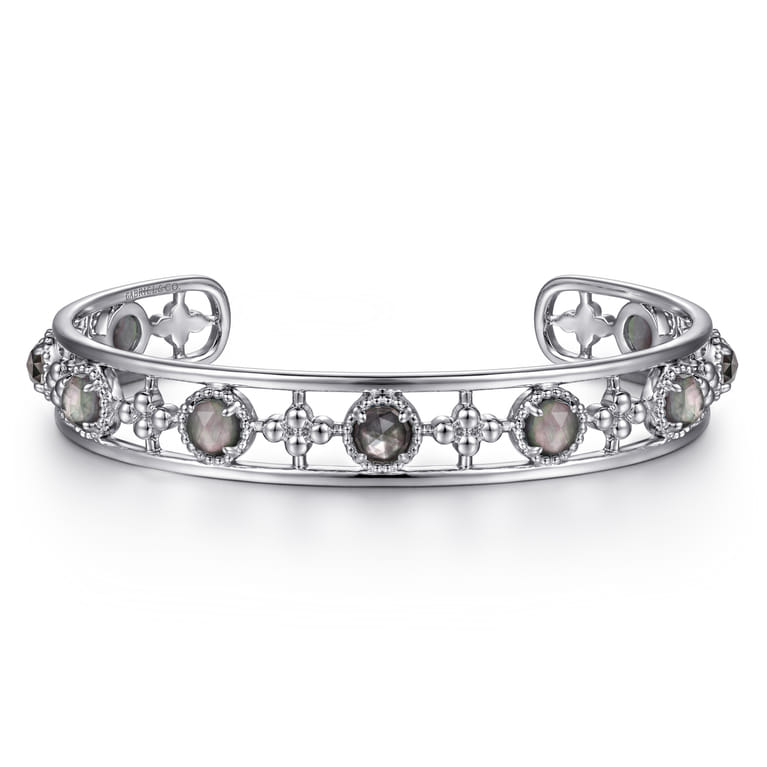 925 Sterling Silver Rock Crystal and Black MOP Cutout Cuff Bracelet - Shot 1