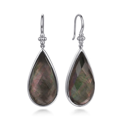 925 Sterling Silver Rock Crystal and Black MOP Doublet Fish Wire Teardrop Earrings