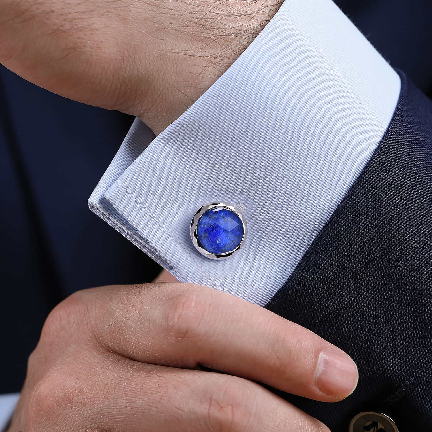 925 Sterling Silver Rock Crystal and Lapis Round Cufflinks