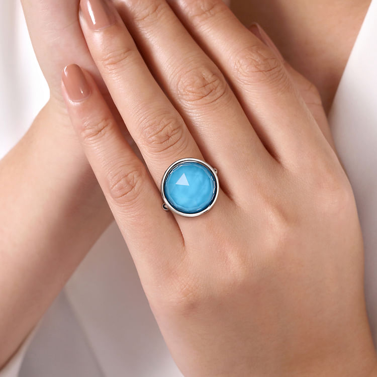 925 Sterling Silver Rock Crystal and Turquoise Bezel Signet Ring