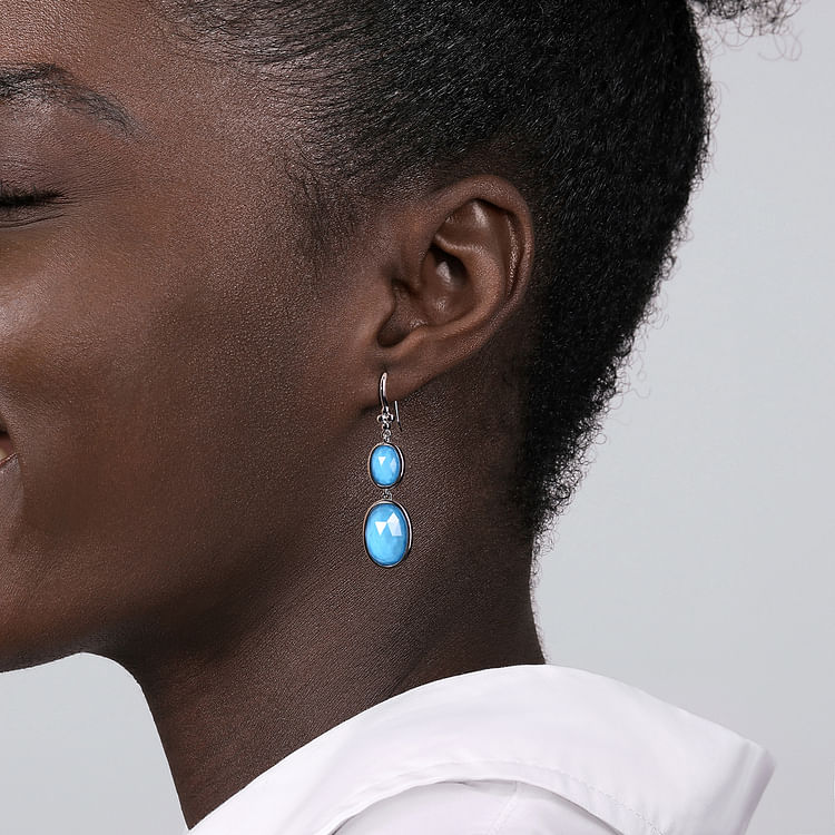 925 Sterling Silver Rock Crystal and Turquoise Fish Wire Drop Earrings