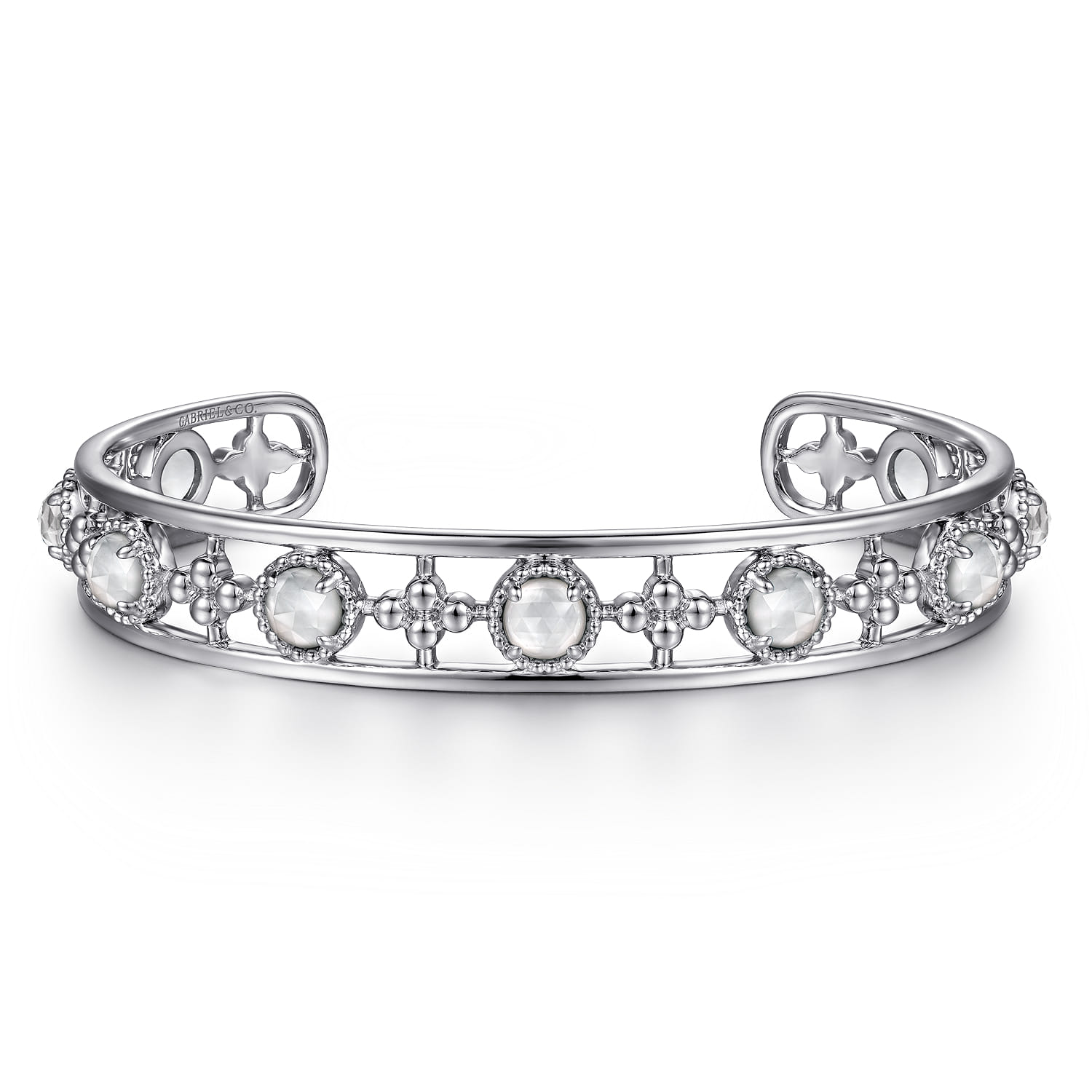 925 Sterling Silver Rock Crystal and White MOP Station Bangle - Shot 1