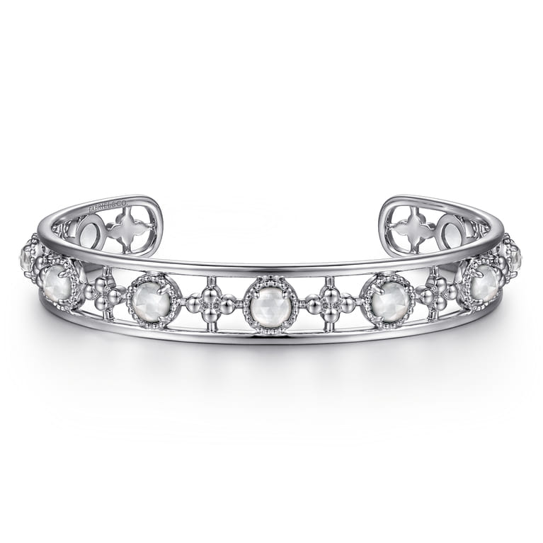 925 Sterling Silver Rock Crystal and White MOP Station Bangle - Shot 1