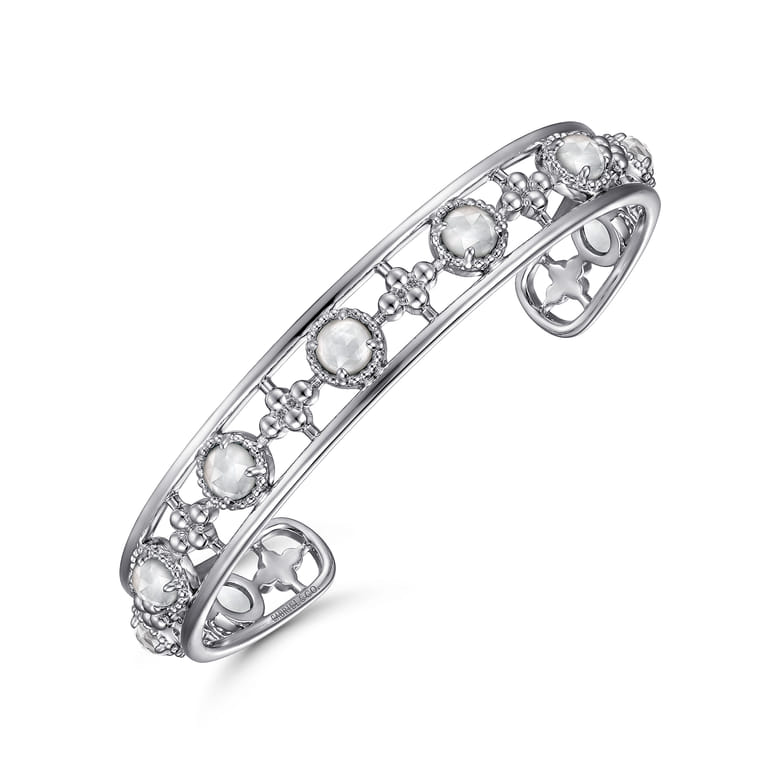 925 Sterling Silver Rock Crystal and White MOP Station Bangle - Shot 2