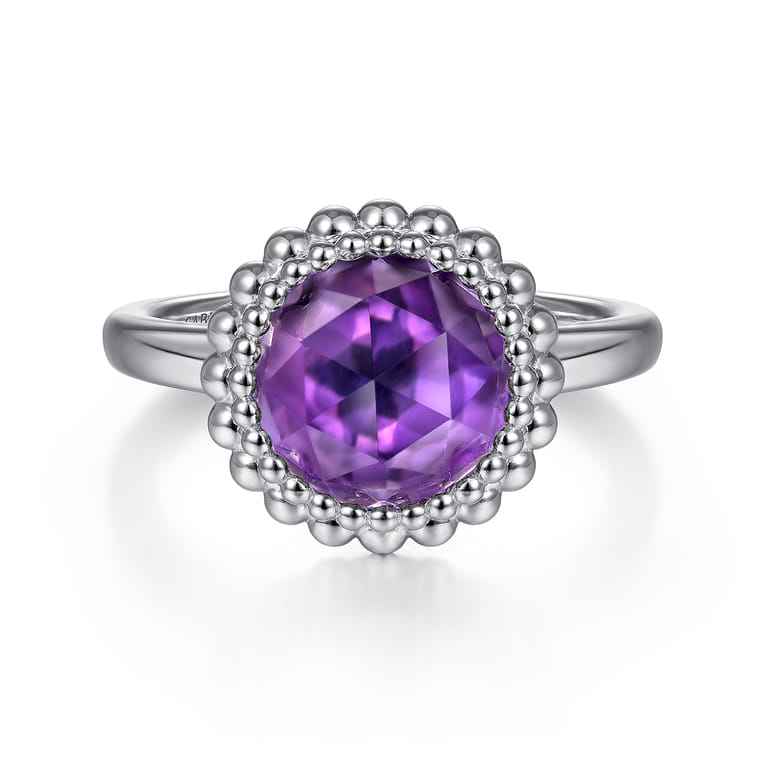 925 Sterling Silver Round Amethyst Bezel Set Ring with Bujukan Bead Halo - Shot 1