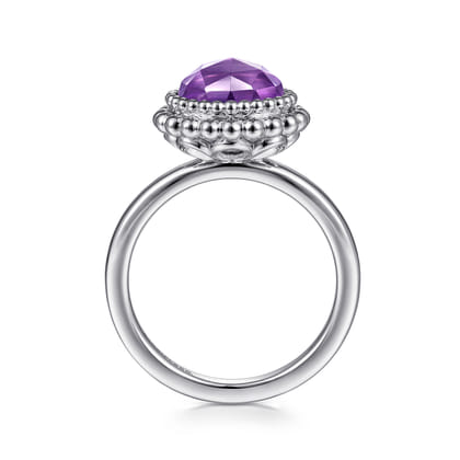 925 Sterling Silver Round Amethyst Bezel Set Ring with Bujukan Bead Halo