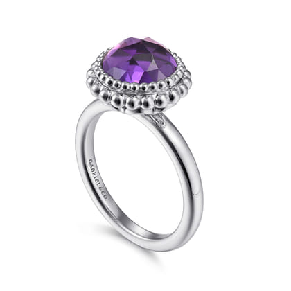 925 Sterling Silver Round Amethyst Bezel Set Ring with Bujukan Bead Halo