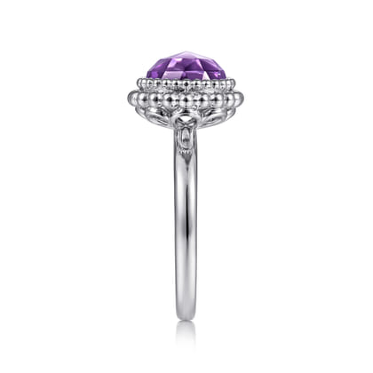 925 Sterling Silver Round Amethyst Bezel Set Ring with Bujukan Bead Halo