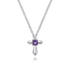 925 Sterling Silver Round Amethyst Cross Necklace
