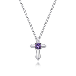 925 Sterling Silver Round Amethyst Cross Necklace