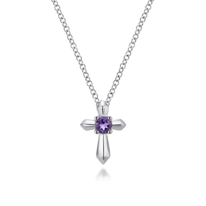 925 Sterling Silver Round Amethyst Cross Necklace