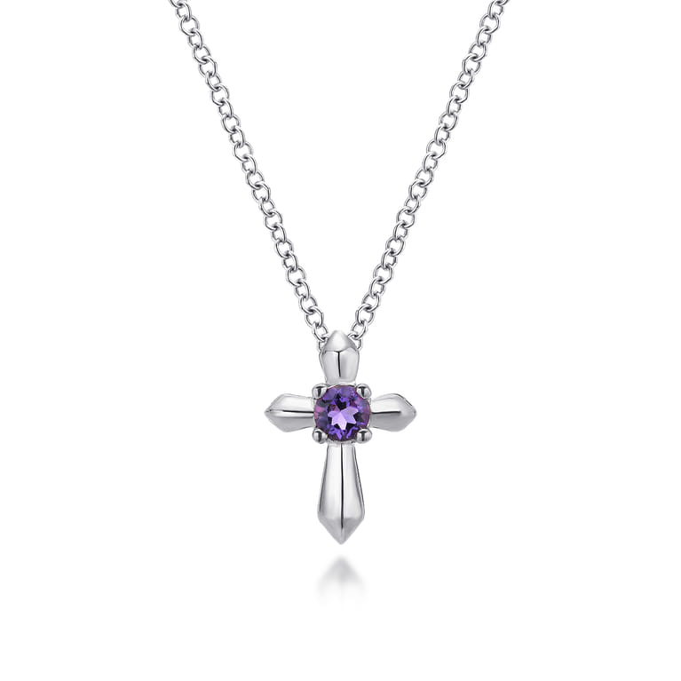 925 Sterling Silver Round Amethyst Cross Necklace - Shot 1