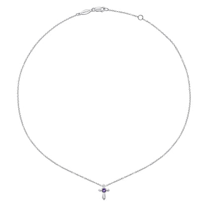 925 Sterling Silver Round Amethyst Cross Necklace