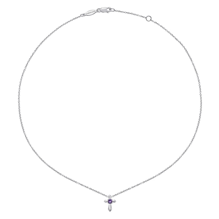 925 Sterling Silver Round Amethyst Cross Necklace - Shot 2