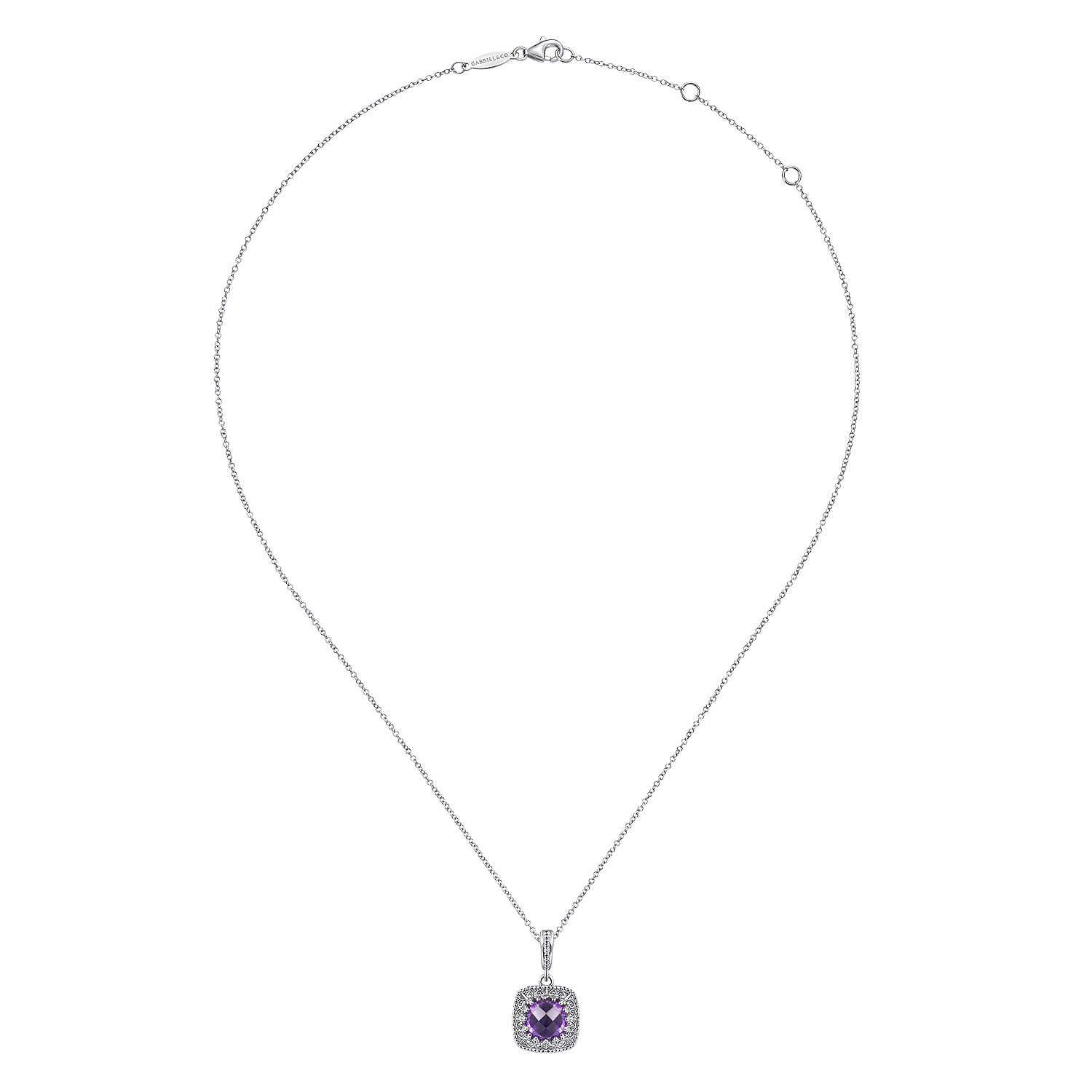 925 Sterling Silver Round Amethyst with Filligree Frame Pendant Necklace