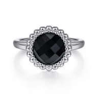 925 Sterling Silver Round Black Onyx Bezel Set Ring with Bujukan Bead Halo