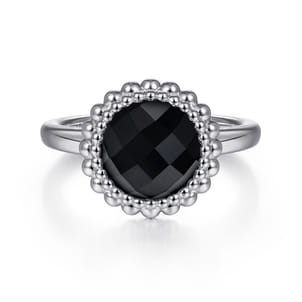 925 Sterling Silver Round Black Onyx Bezel Set Ring with Bujukan Bead Halo