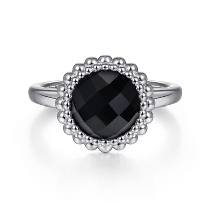 925 Sterling Silver Round Black Onyx Bezel Set Ring with Bujukan Bead Halo