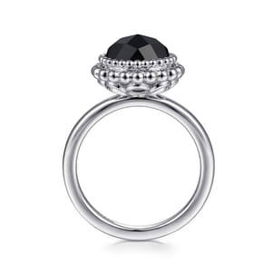 925 Sterling Silver Round Black Onyx Bezel Set Ring with Bujukan Bead Halo