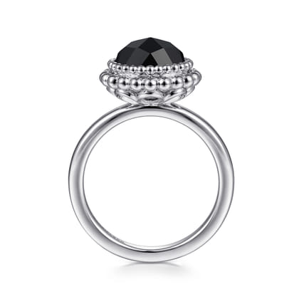 925 Sterling Silver Round Black Onyx Bezel Set Ring with Bujukan Bead Halo