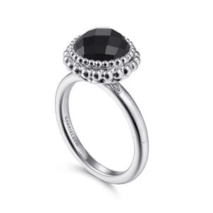 925 Sterling Silver Round Black Onyx Bezel Set Ring with Bujukan Bead Halo