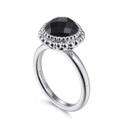 925 Sterling Silver Round Black Onyx Bezel Set Ring with Bujukan Bead Halo