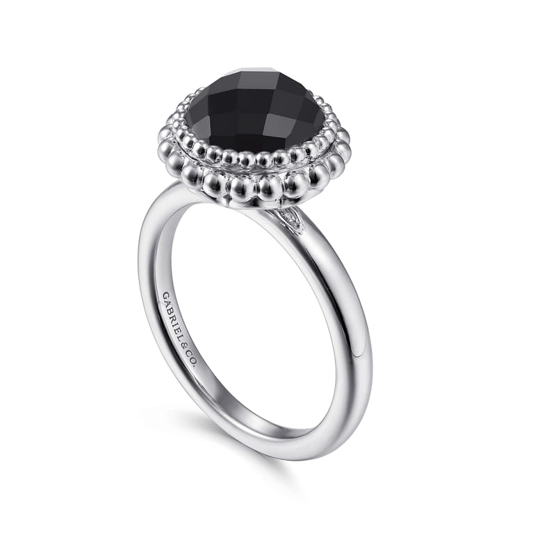 925 Sterling Silver Round Black Onyx Bezel Set Ring with Bujukan Bead Halo - Shot 3