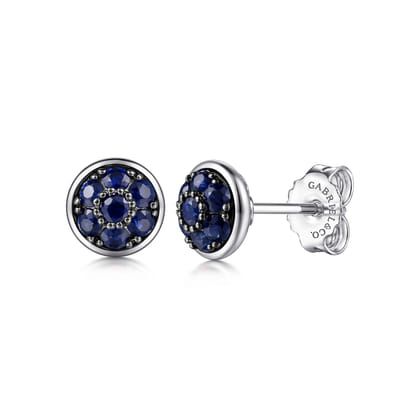 925 Sterling Silver Round Blue Sapphire Cluster Stud Earrings