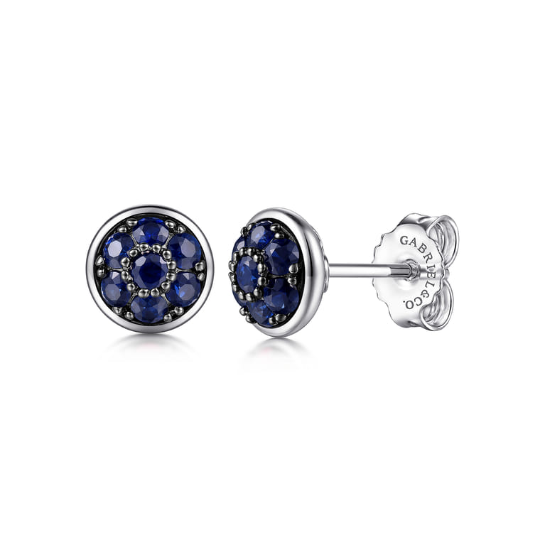 925 Sterling Silver Round Blue Sapphire Cluster Stud Earrings - Shot 1