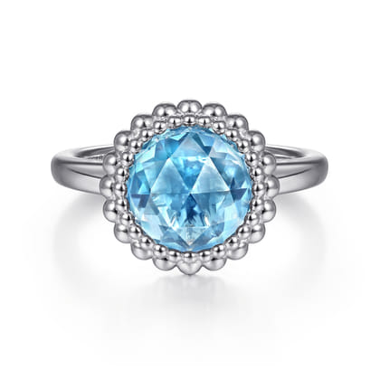 925 Sterling Silver Round Blue Topaz Bezel Set Ring with Bujukan Bead Halo