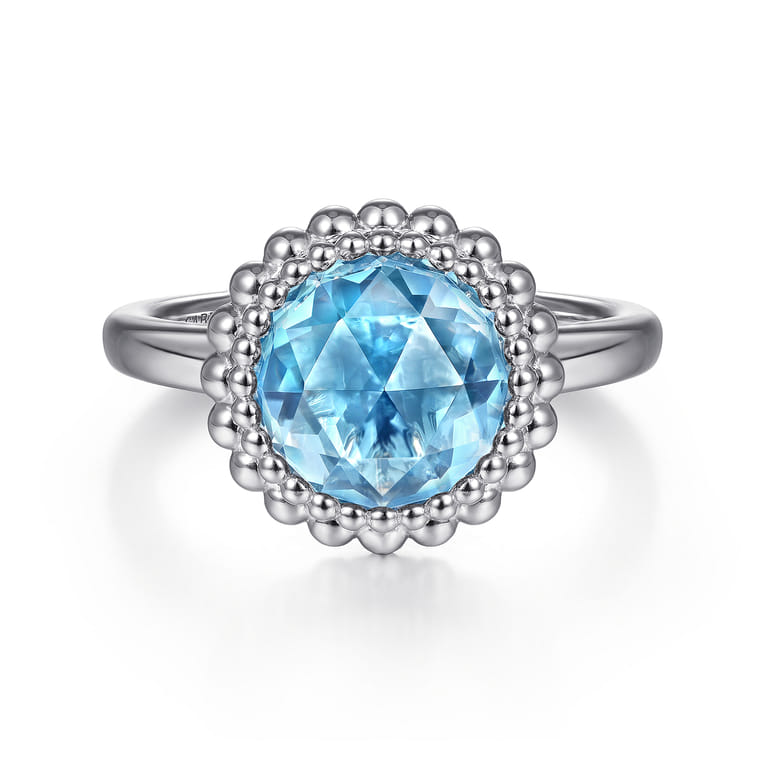 925 Sterling Silver Round Blue Topaz Bezel Set Ring with Bujukan Bead Halo - Shot 1