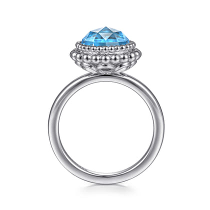 925 Sterling Silver Round Blue Topaz Bezel Set Ring with Bujukan Bead Halo