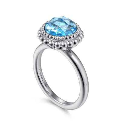 925 Sterling Silver Round Blue Topaz Bezel Set Ring with Bujukan Bead Halo