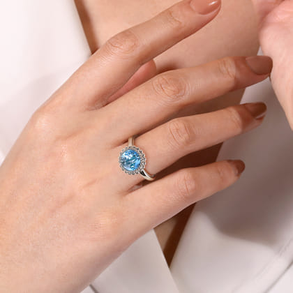 925 Sterling Silver Round Blue Topaz Bezel Set Ring with Bujukan Bead Halo