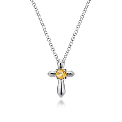 925 Sterling Silver Round Citrine Cross Necklace