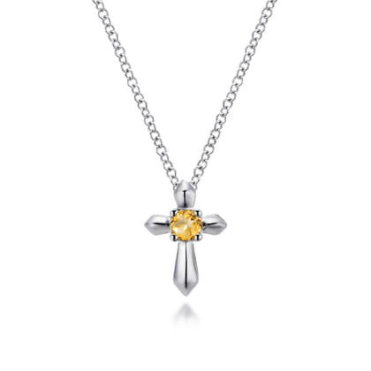 925 Sterling Silver Round Citrine Cross Necklace