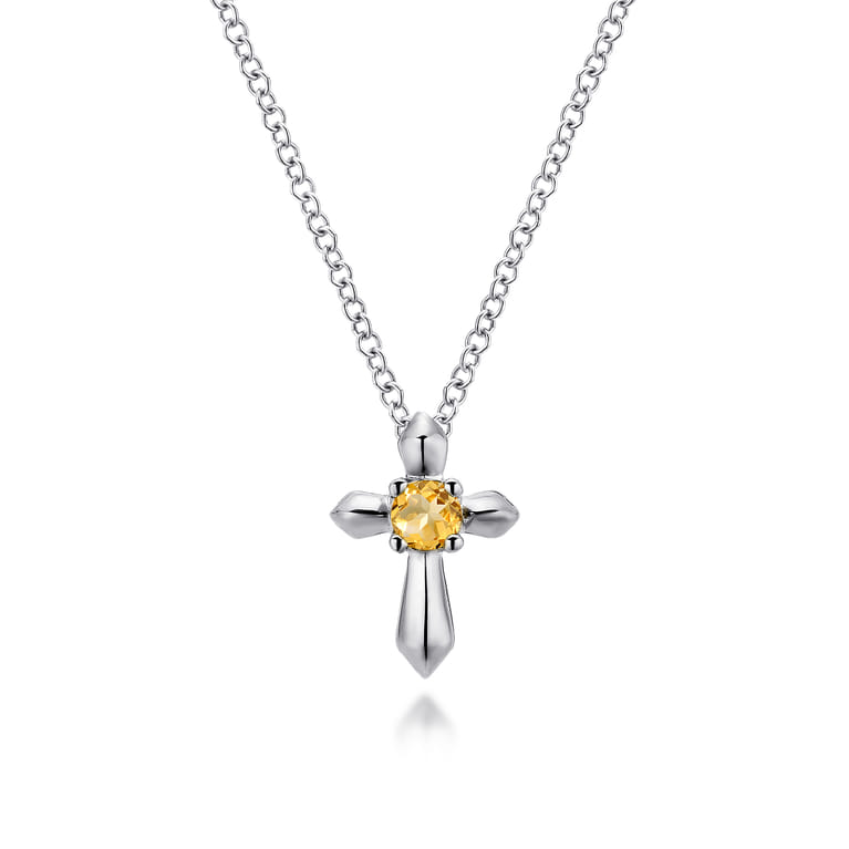 925 Sterling Silver Round Citrine Cross Necklace - Shot 1