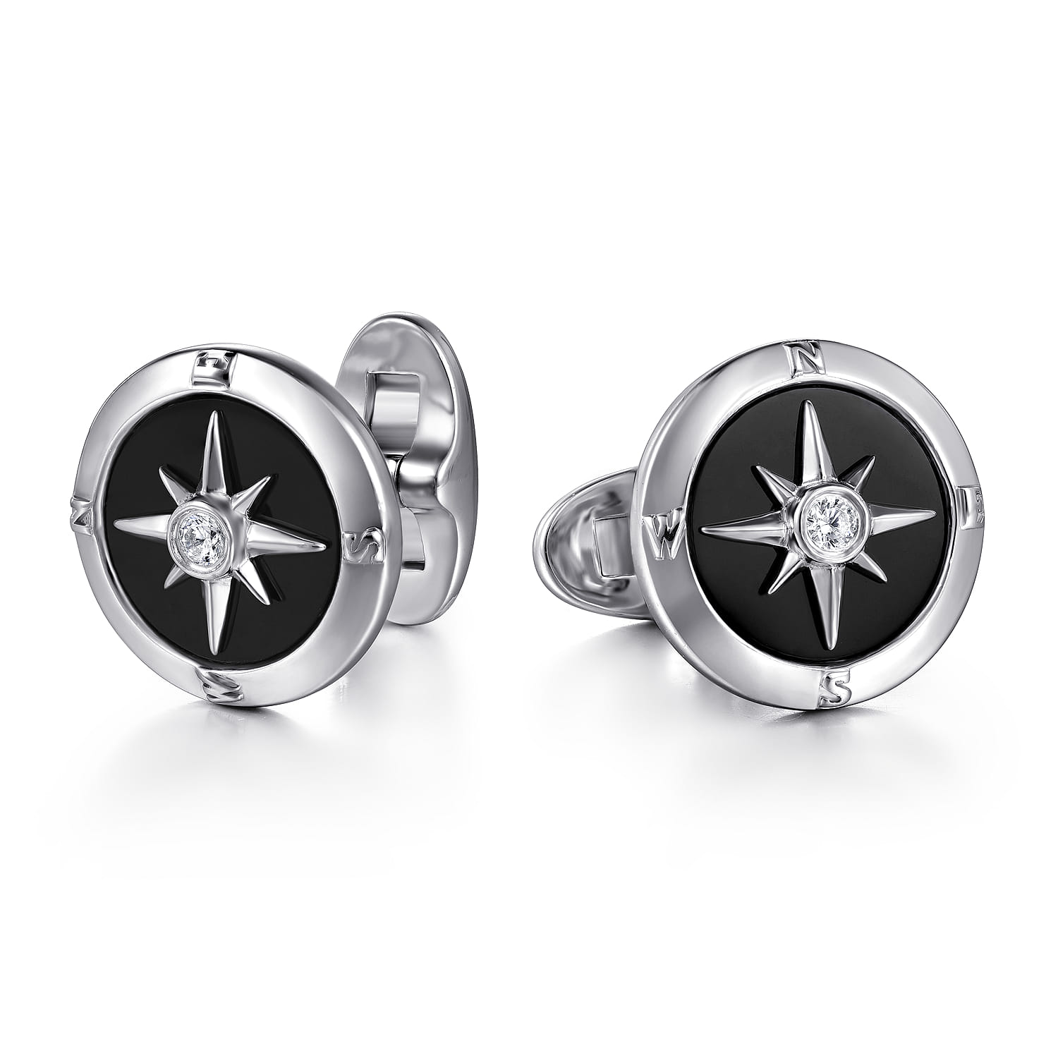 925 Sterling Silver Round Compass Cufflinks Diamond and Onyx