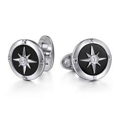 925 Sterling Silver Round Compass Cufflinks Diamond and Onyx