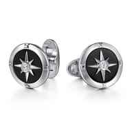 925 Sterling Silver Round Compass Cufflinks Diamond and Onyx