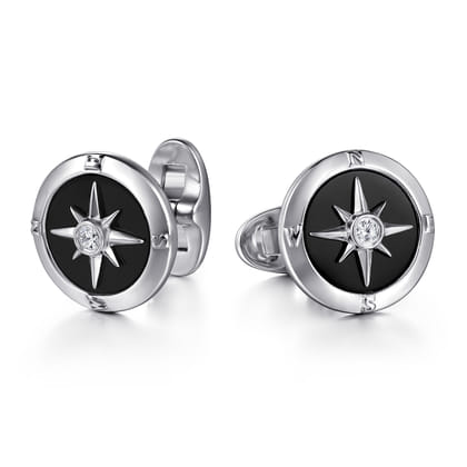 925 Sterling Silver Round Compass Cufflinks Diamond and Onyx