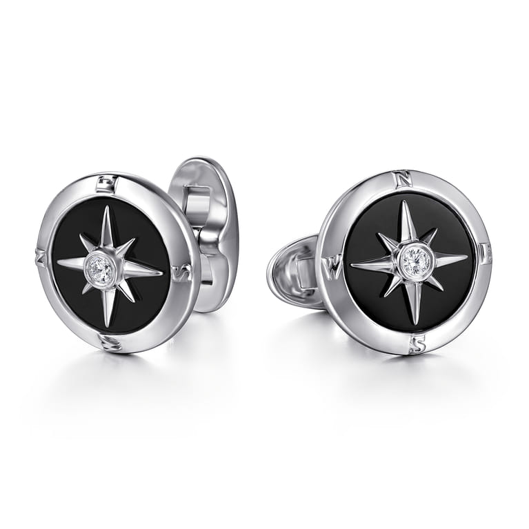 925 Sterling Silver Round Compass Cufflinks Diamond and Onyx - 0.09 ct - Shot 1