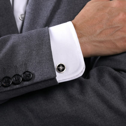925 Sterling Silver Round Compass Cufflinks Diamond and Onyx