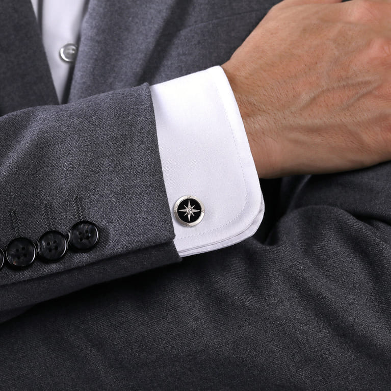 925 Sterling Silver Round Compass Cufflinks Diamond and Onyx - 0.09 ct - Shot 2