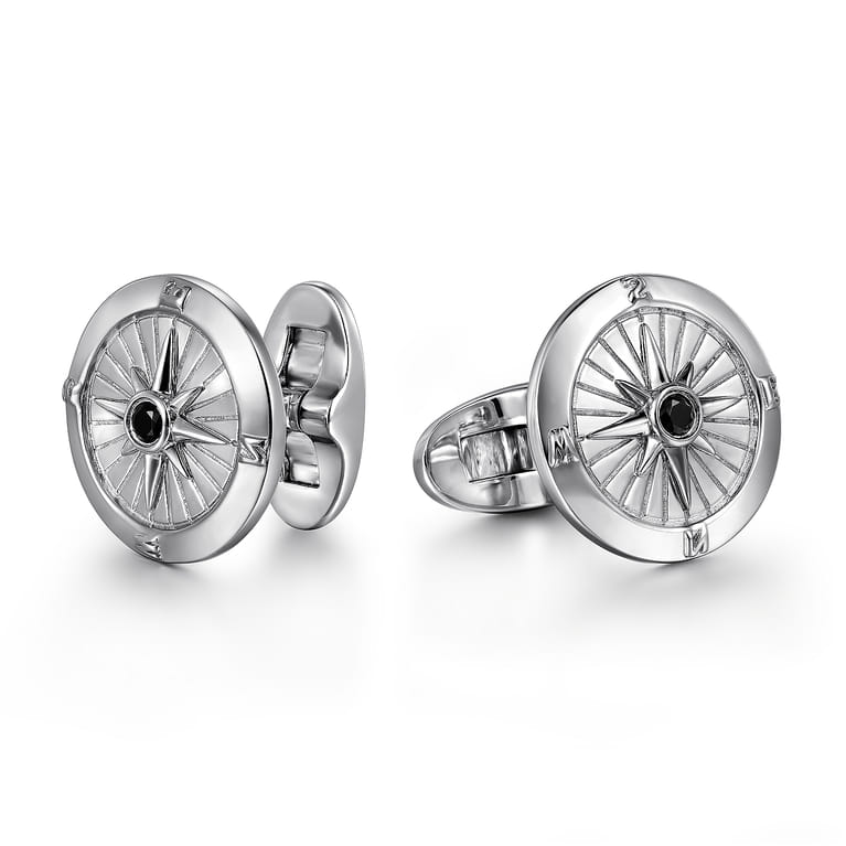 925 Sterling Silver Round Compass Cufflinks with Black Spinel - Shot 1
