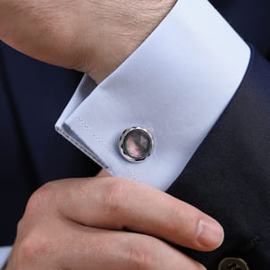 925 Sterling Silver Round Cufflinks with Faceted Black Mother of Pearl Stones