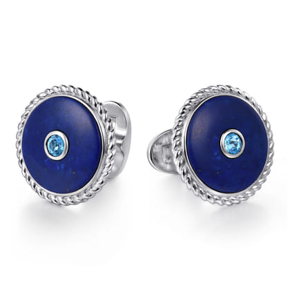 925 Sterling Silver Round Cufflinks with Swiss Blue Topaz and Lapis