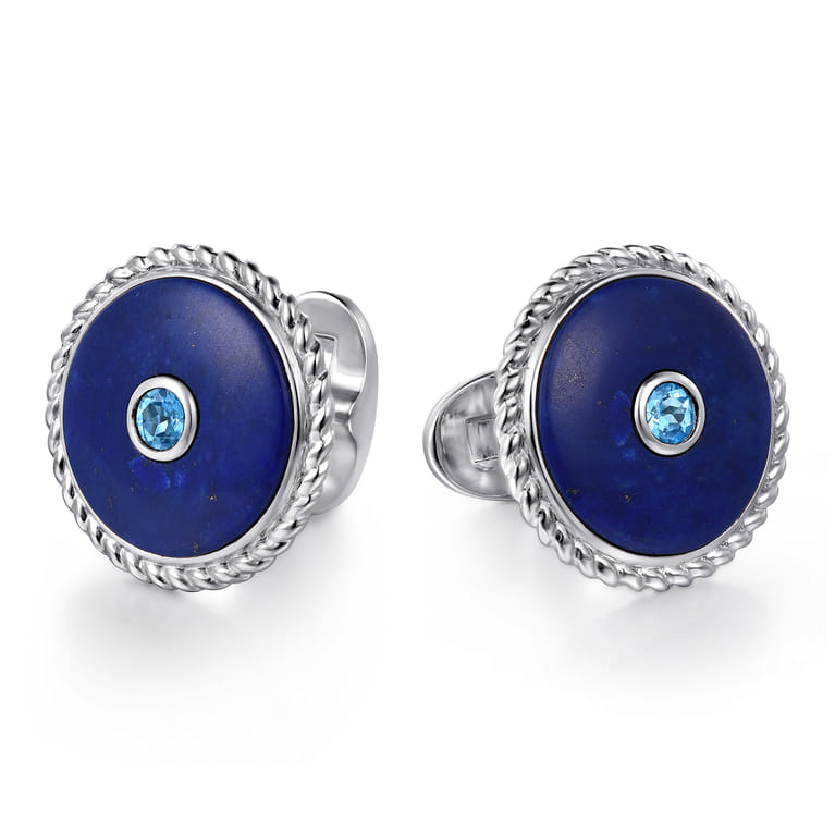 925 Sterling Silver Round Cufflinks with Swiss Blue Topaz and Lapis - Shot 1