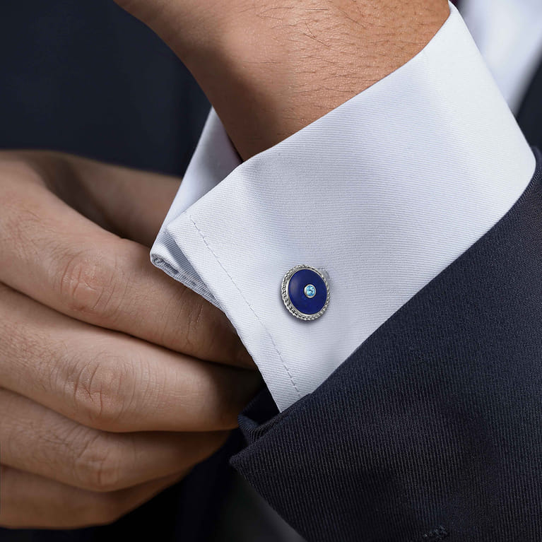 925 Sterling Silver Round Cufflinks with Swiss Blue Topaz and Lapis - Shot 2