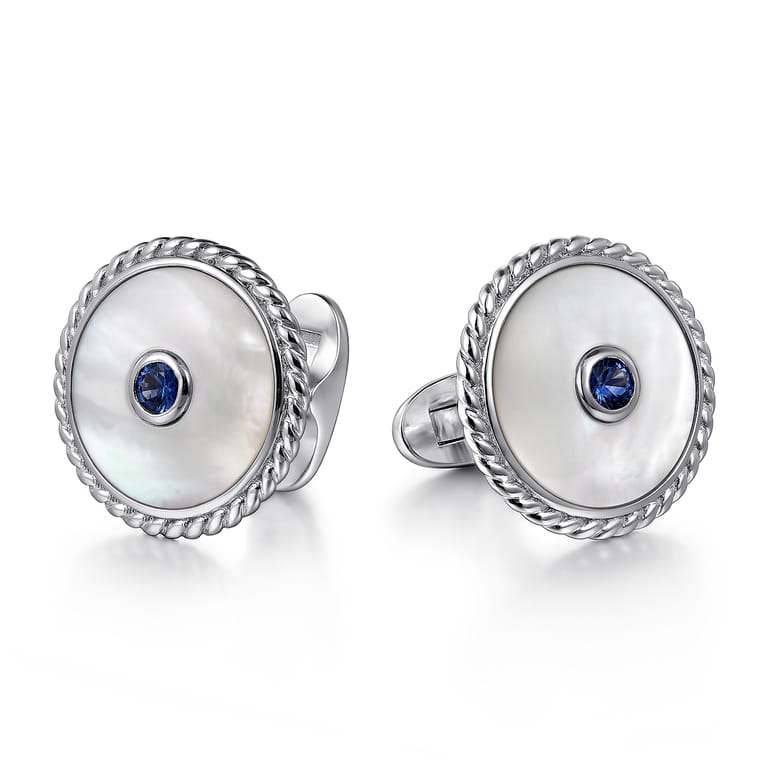 925 Sterling Silver Round Cufflinks with White Mother of Pearl and Sapphire - Shot 1